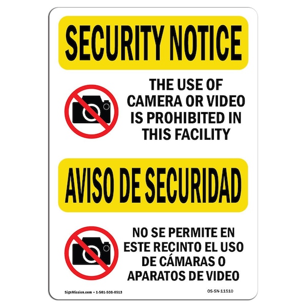OSHA Security Sign, 3.5" Height, 5" Width, Camera Video Prohibited Bilingual, Landscape, 10PK